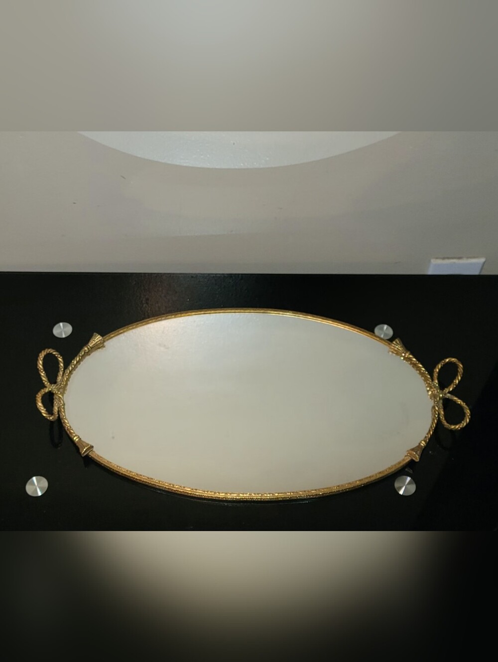 Vintage Gold Trim Oval Vanity  Serving Tray Mirror with Bow Handles 10.5x20"